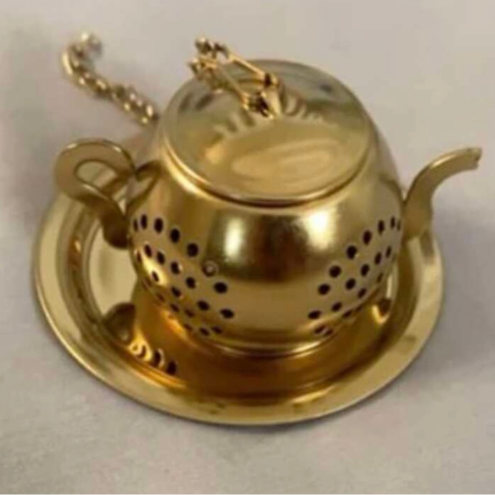 New Gold Stainless Steel Loose Leaf Tea Strainer Filter Chain Saucer Minimalist - Picture 13 of 16